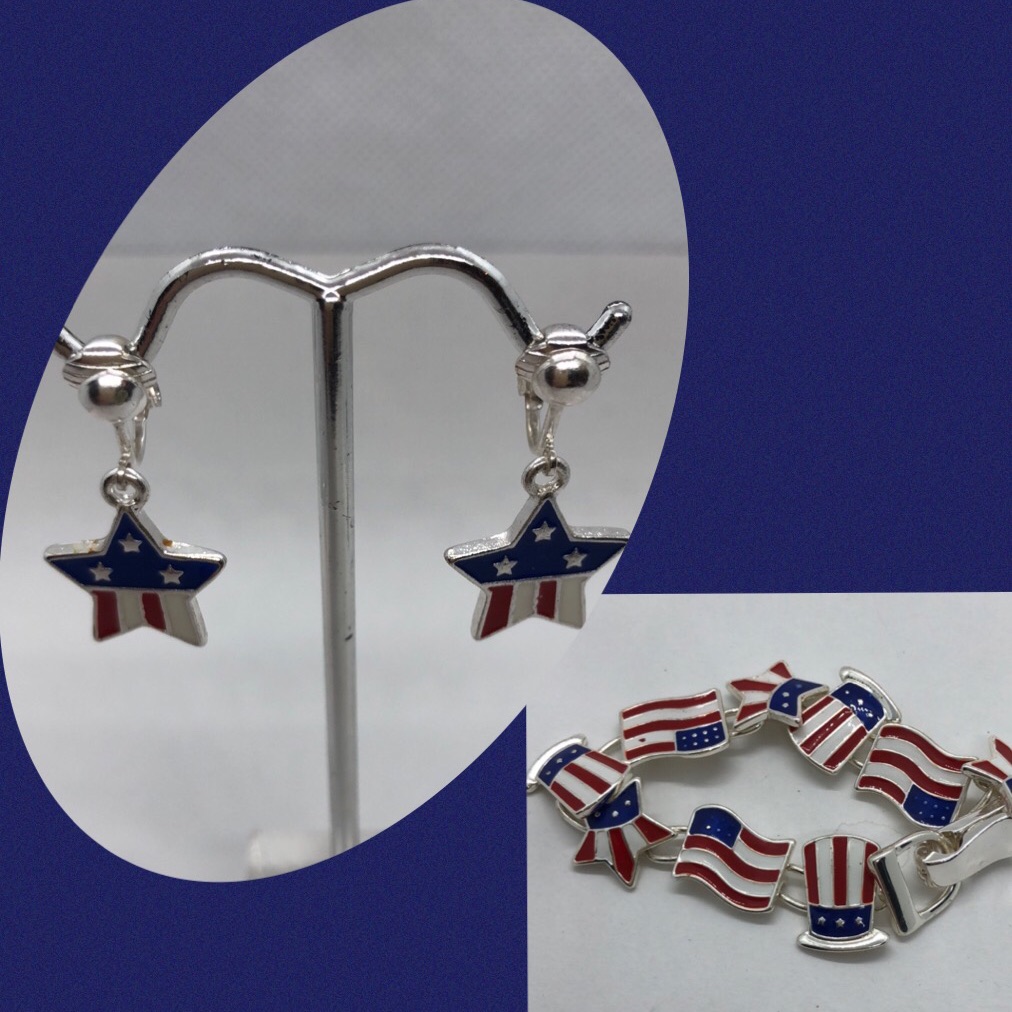 Vtg Patriotic Bracelet /Clip-Ons Stars, Flag, Hats